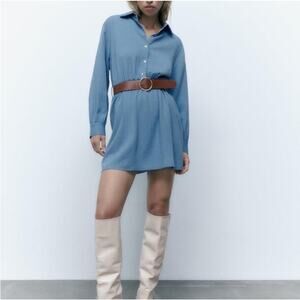 NWT Women’s Large Casual Blue Mini dress lapel collar long sleeves belted